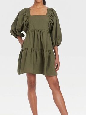 A New Day Olive Green Cotton Tiered Mini Dress Smocked Back Puff Sleeve Size M